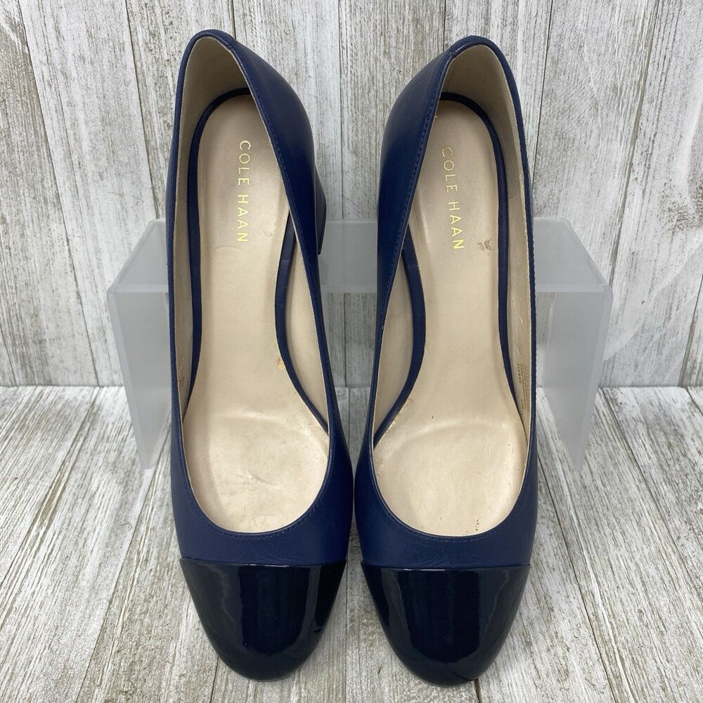 Cole Haan Dawna Pumps Navy Blue Leather Block Heel Cap Toe Black Shoes Size 6 B - Picture 6 of 11